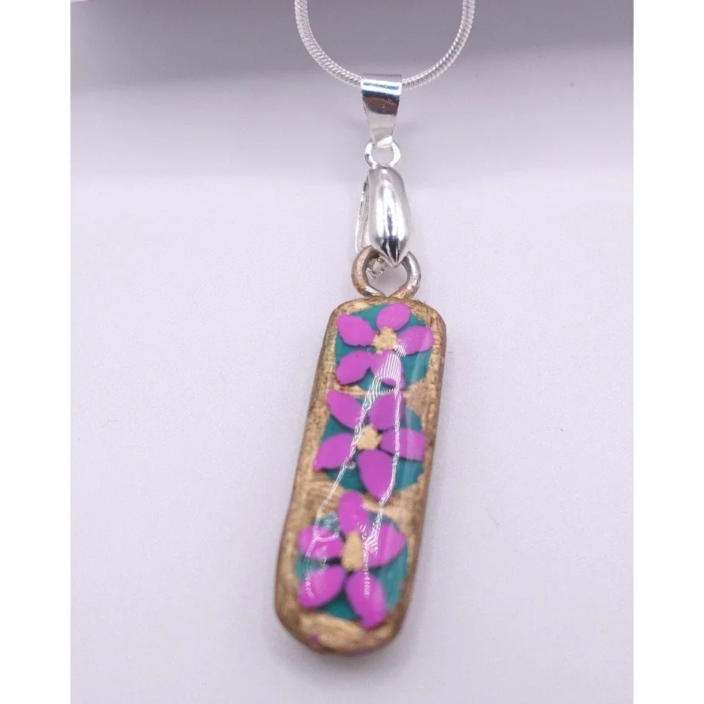 Pink Floral Polymer Clay Pendant‎ Necklace Boho Garden Art Jewelry Cottagecore - Picture 5 of 9